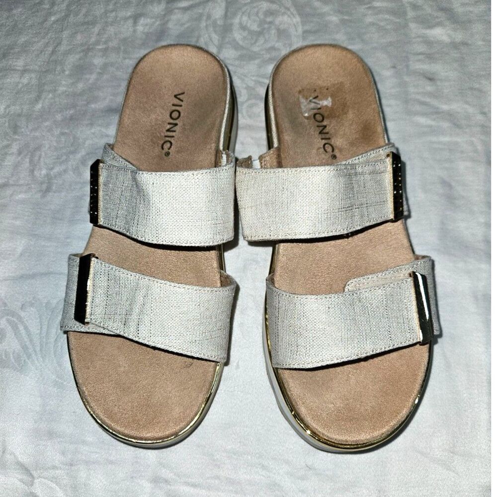 VIONIC Brandie Platform Slide Adjustable Sandals in Metallic Marshmallow Size 8